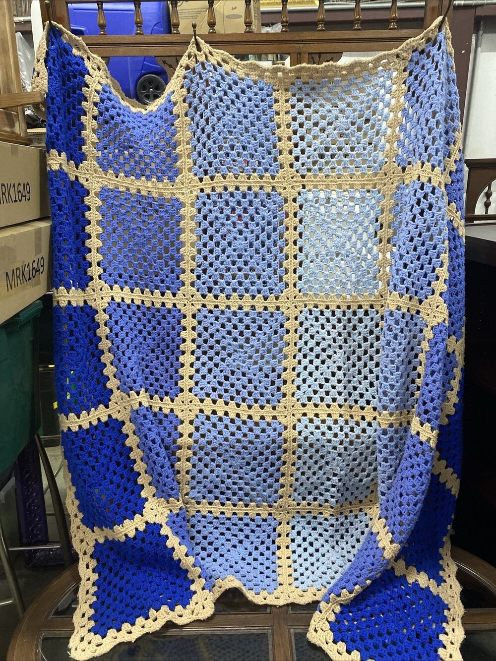 Vintage hand crochet Approx 90x60 Sq pattern large afghan blanket blue & beige